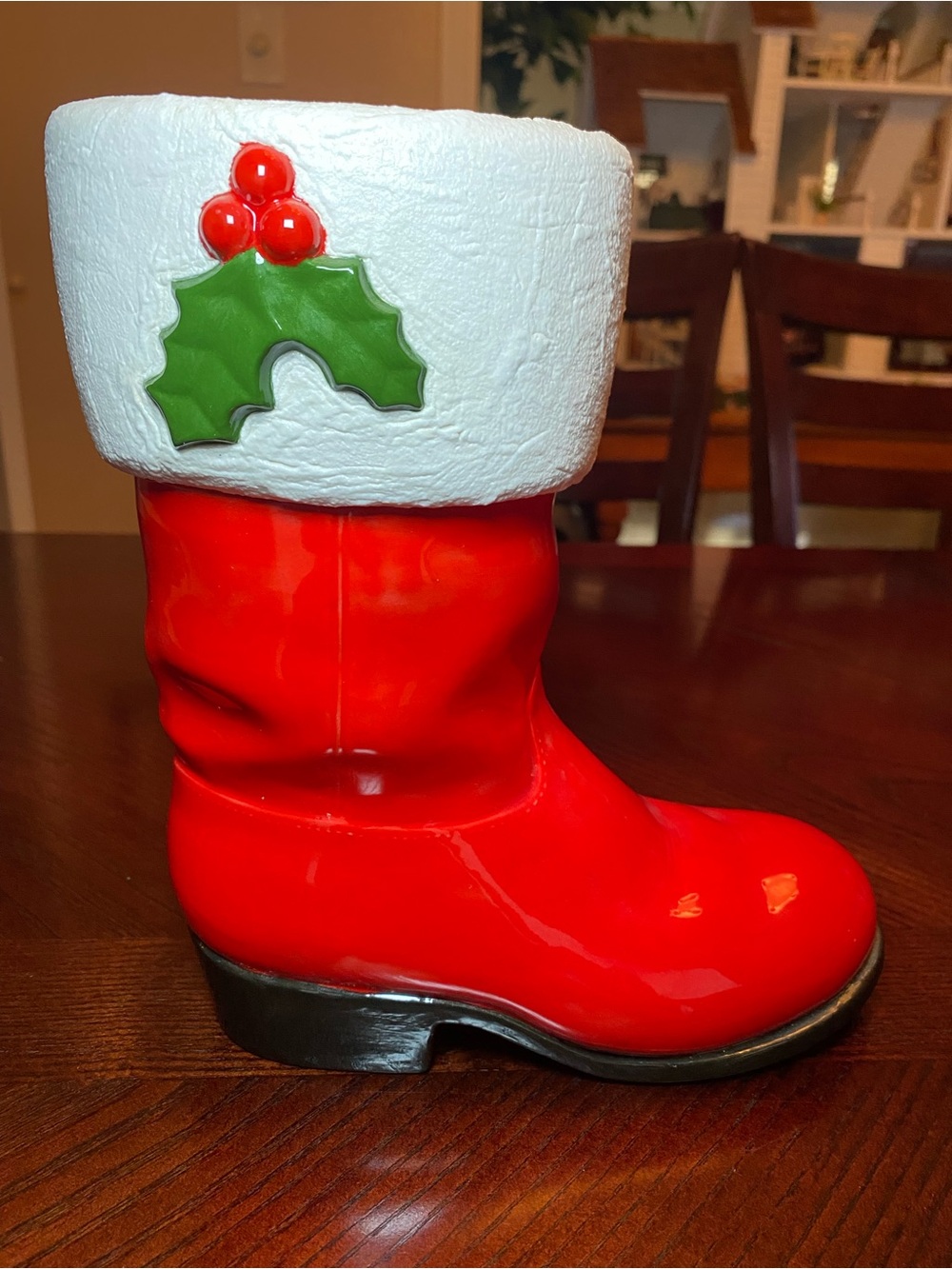 Santa’s shiny red boot with Holly. Red Ceramic Boot Decorative Accent 9 inches